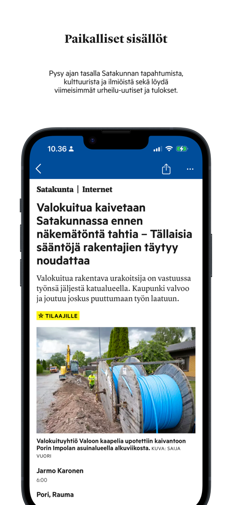 Satakunnan Kansa - Smartphone screen displaying a local news article in the Finnish Satakunnan Kansa app