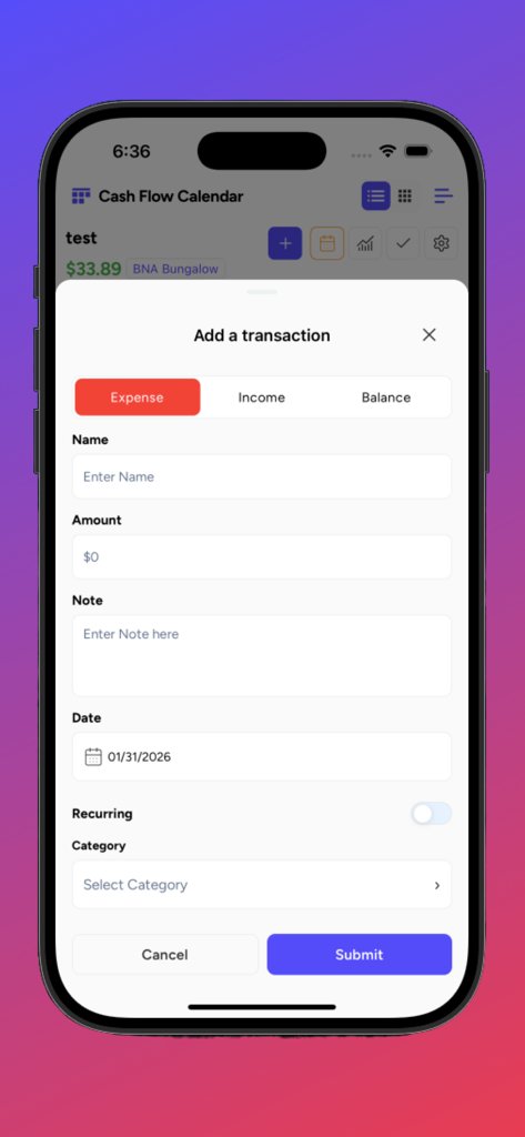 Cash Flow Calendar App - Interface for adding a new expense transaction in the Cash Flow Calendar app