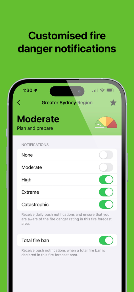Screenshot of the Fire Danger NSW app showing customizable notification settings for fire risk levels and total fire bans in the Greater Sydney Region.