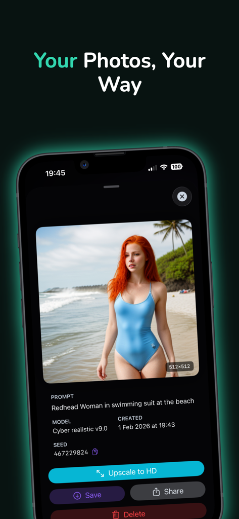 Lumina app screen displaying an AI-generated portrait of a woman in a swimsuit with options to upscale and save