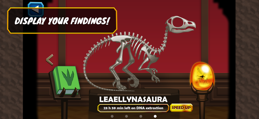 Dino Quest: Fossil Games - A museum exhibit showing a Leaellynasaura dinosaur skeleton and an amber fossil in the Dino Quest app
