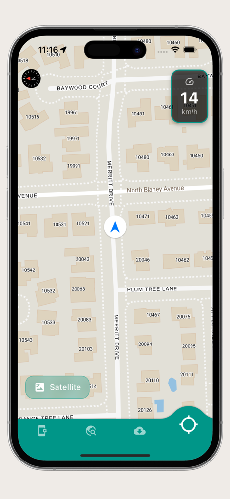 World map offline - Mobile app interface of World map offline showing a street map with current location and speedometer