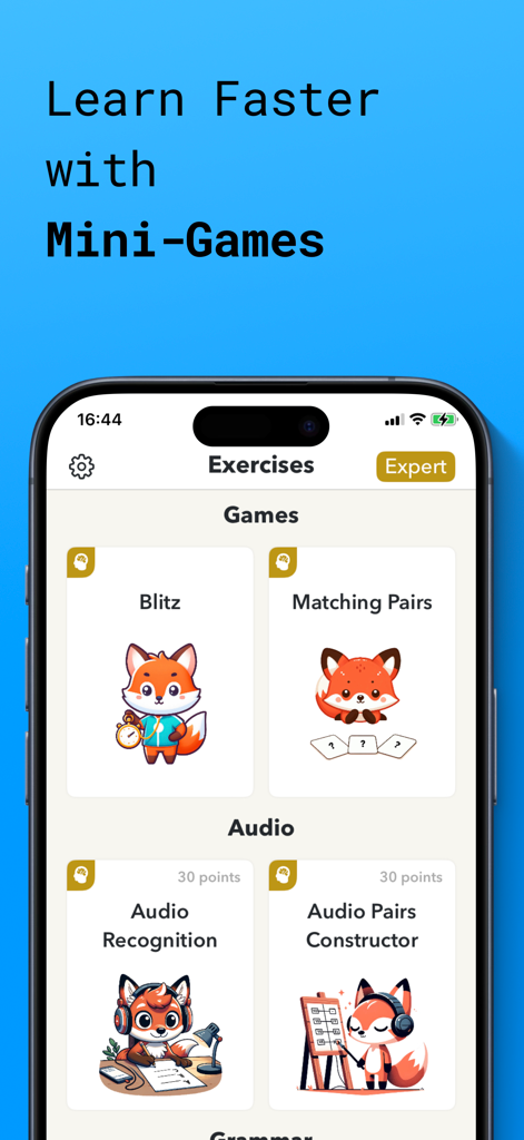 Lingo Books: Spanish Learning - Interface of the Lingo Books app showing language learning mini-games and audio exercises like Blitz and Matching Pairs featuring a cute fox mascot.