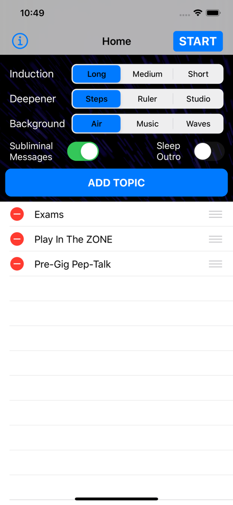 Musicians Hypnosis - The home screen of Musicians Hypnosis app showing session customization options and topic selection.