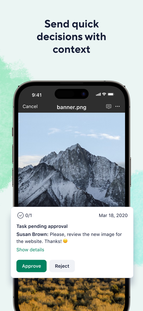 新しいウェブサイト画像のタスク承認リクエストが表示されたWrikeアプリのiPhone画面。