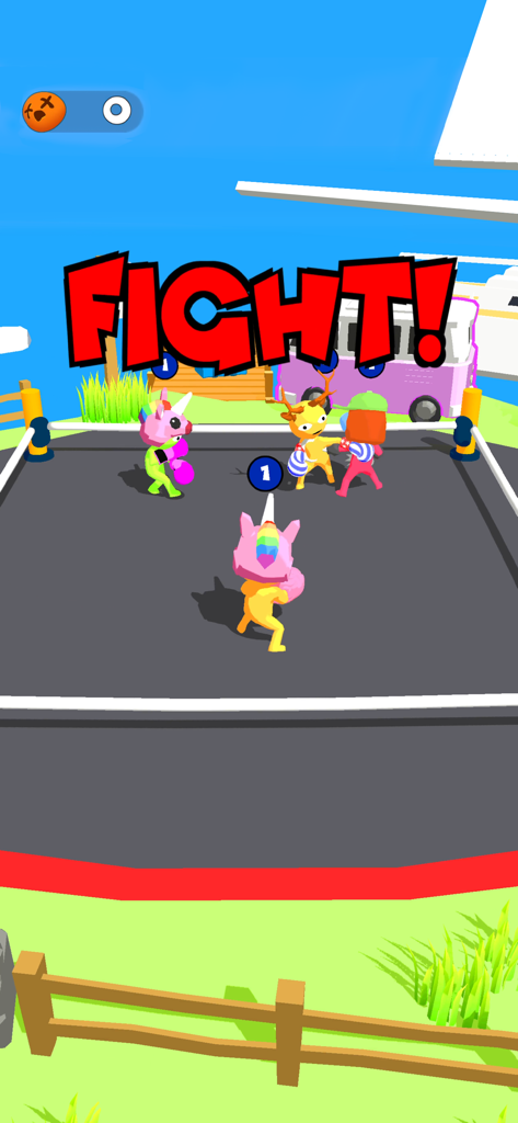 Stickman Boxing Battle 3D - 面白い動物の帽子をかぶったスティックマンキャラクターが、大きな赤い「FIGHT」サインのある3Dボクシングリングアリーナで戦っている。
