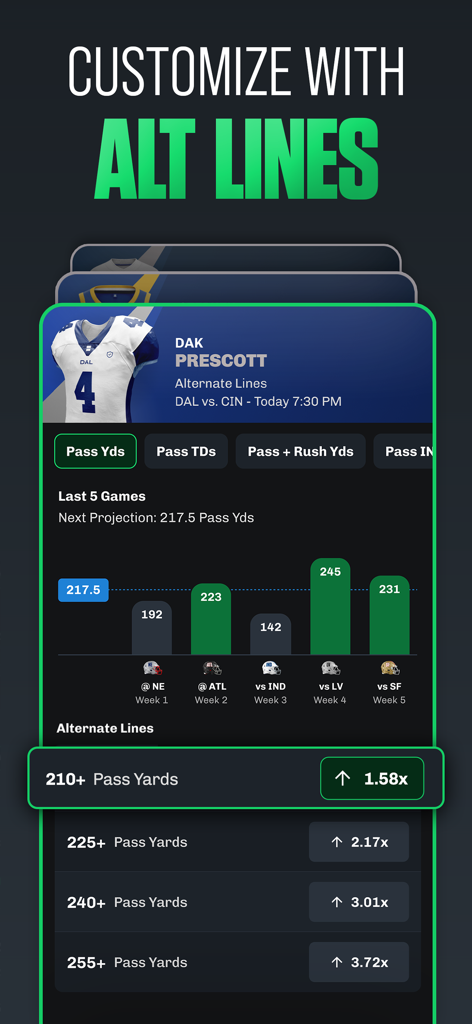 A screenshot of the Chalkboard app displaying Dak Prescott player stats and custom alternate lines.