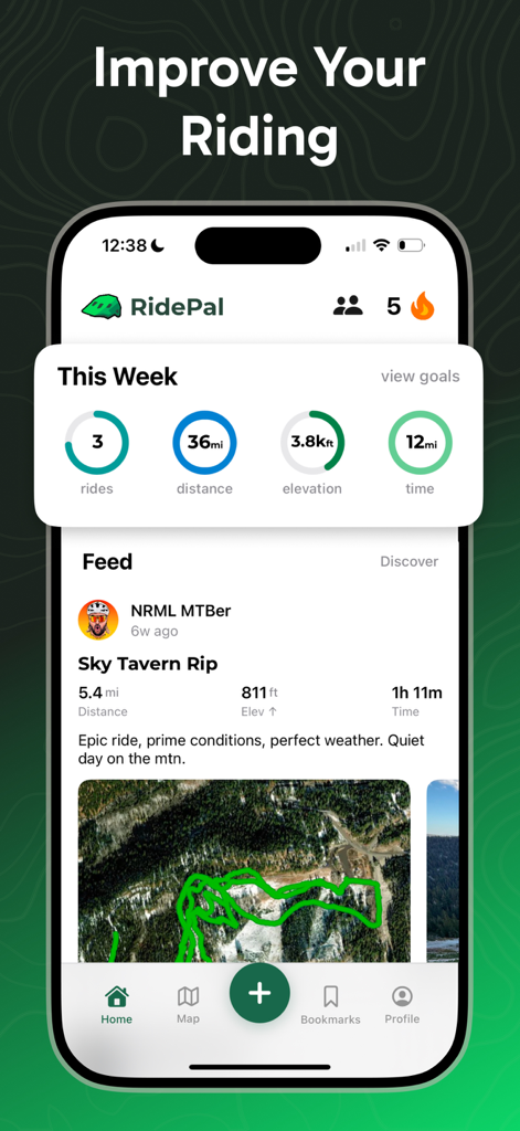 RidePal - Find Trails, Compete - RidePal mountain biking app interface showing weekly activity stats and a trail feed with ride data and GPS maps.