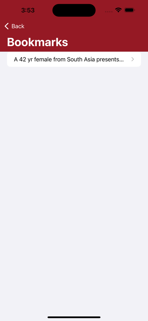 Lesezeichen-Bildschirm in der medizinischen iMedicine Review Lite App mit einer gespeicherten klinischen Frage