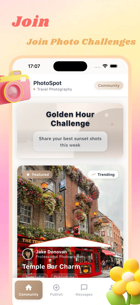 Rushe - Interface of the Rushe app featuring a Golden Hour photo challenge and travel photography community posts