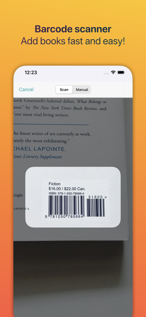 Home Library Manager - Leto - Interface of the Leto app showing the barcode scanner feature to add books quickly