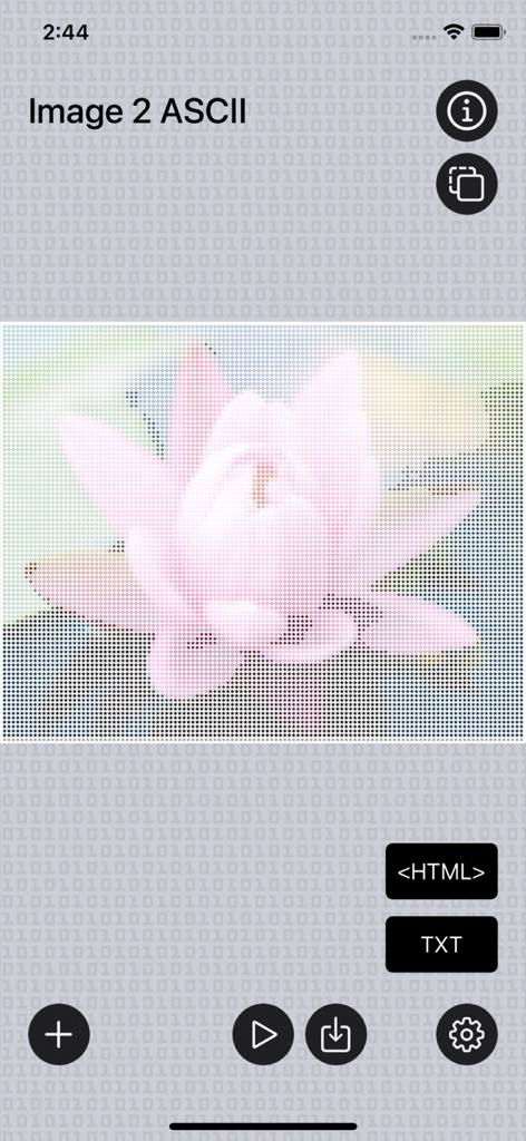 Interfaz de la aplicación Imagen a Arte ASCII que muestra una flor de loto rosa convertida en arte de texto ASCII de colores.