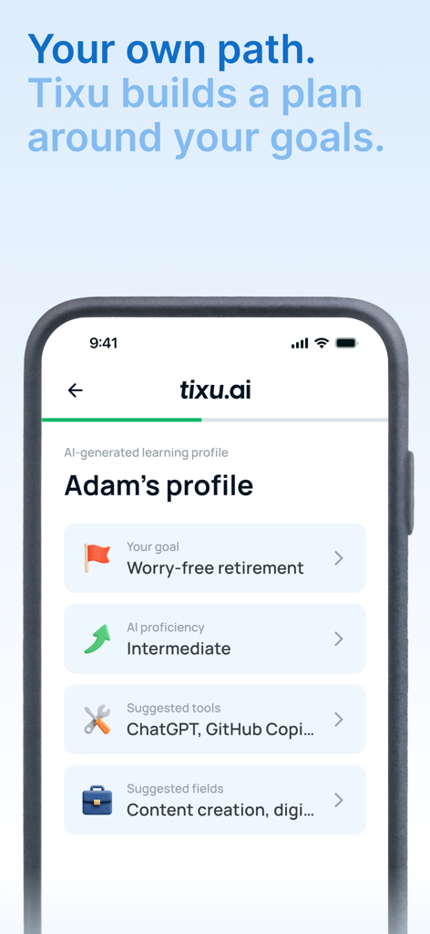 A smartphone displaying a personalized AI learning profile on the Tixu app with specific goals and suggested tools.