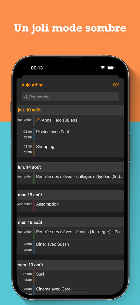 France Agenda - France Agenda app screenshot showing a detailed calendar list in dark mode with holidays, birthdays, and personal appointments.