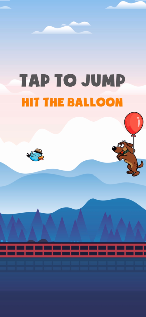 Balloon pop party - A blue bird jumping to pop a red balloon held by a flying dog in the sky