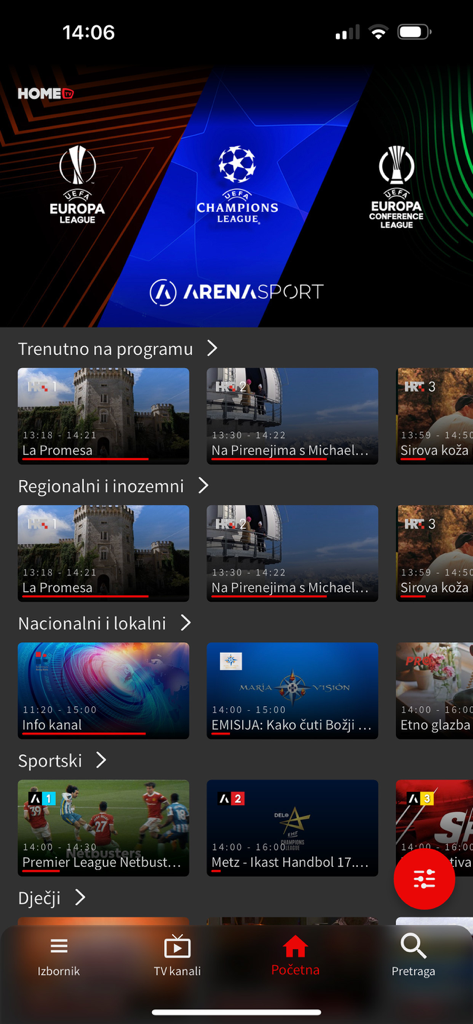 Pantalla de inicio de la aplicación HOME.TV TO GO mostrando canales deportivos en vivo y programación de televisión regional