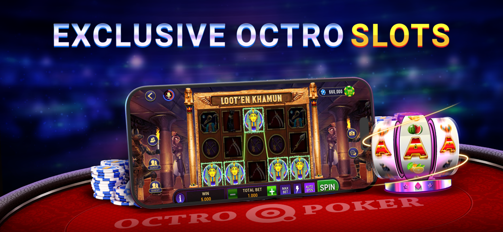 Octro Poker Texas Holdem Games - A smartphone displaying an Egyptian themed slot machine called Loot en Khamun within the Octro Poker app