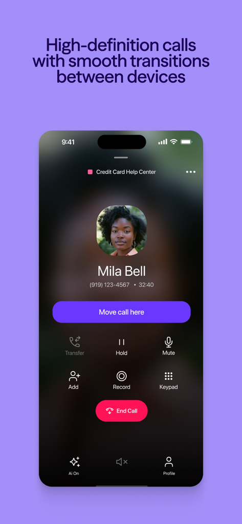 Dialpad - Dialpad mobile app interface showing an active call screen with a button to move the call to the current device