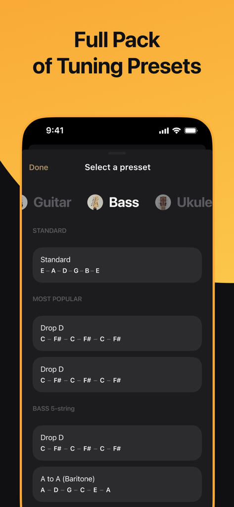 Guitar Tuner + Ukulele & Bass - Interfaz que muestra varios preajustes de afinación para bajo, incluidos los modos estándar y Drop D