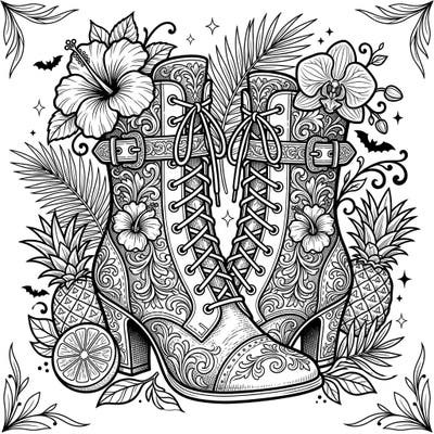 Unleash your creativity with this captivating coloring page featuring beautifully ornate Gothic boots amidst a lush tropical summer setting. Discover a unique blend of dark elegance and sunny vibes, perfect for a relaxing artistic escape.