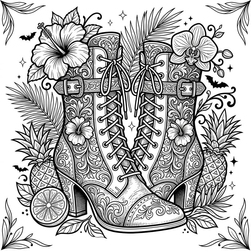 Unleash your creativity with this captivating coloring page featuring beautifully ornate Gothic boots amidst a lush tropical summer setting. Discover a unique blend of dark elegance and sunny vibes, perfect for a relaxing artistic escape.