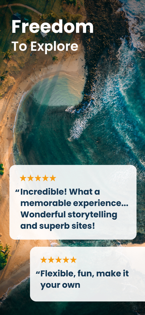 Shaka Kauai Audio Tour Guide - Aerial view of a Kauai beach with 5 star user reviews for the Shaka Guide audio tour app