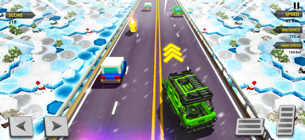 Gameplay of a blocky green vehicle racing on a winter highway with snowmen and igloos