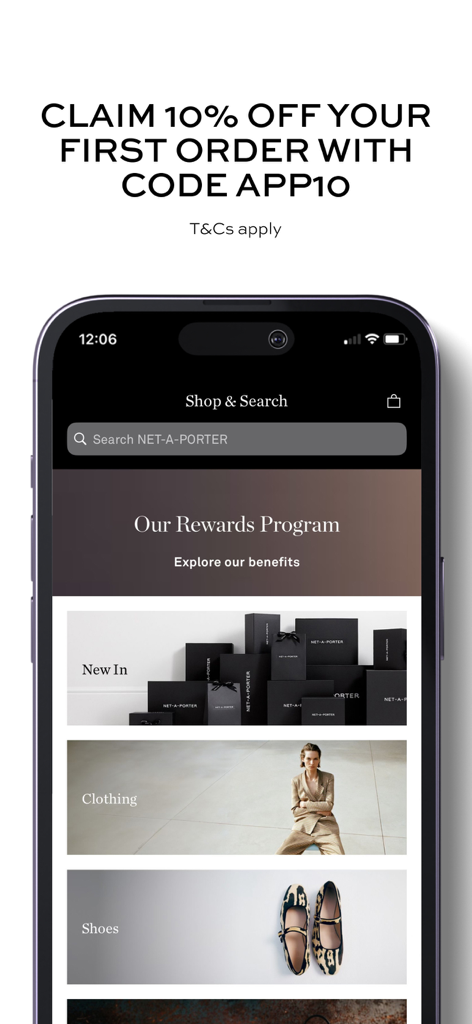 NET-A-PORTER app interface displaying a 10 percent discount offer on the first order
