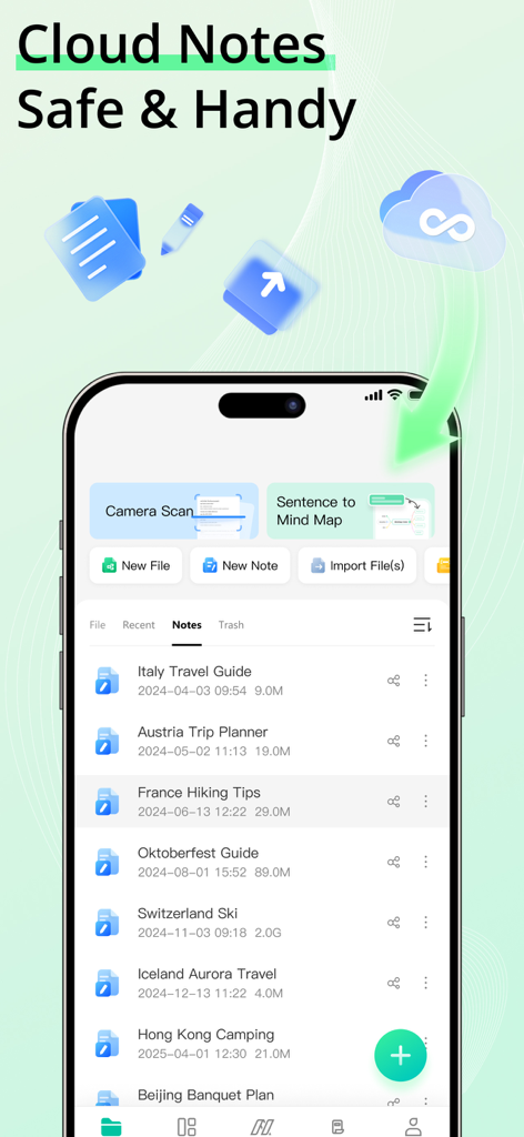 Interface do aplicativo móvel EdrawMind exibindo uma lista de anotações na nuvem organizadas e recursos de gerenciamento de arquivos em um iPhone.