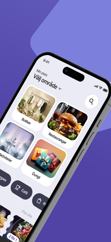 RC-Appen by Restaurangchansen - RC-Appen mobile interface displaying categories for dining, shopping, and local activities