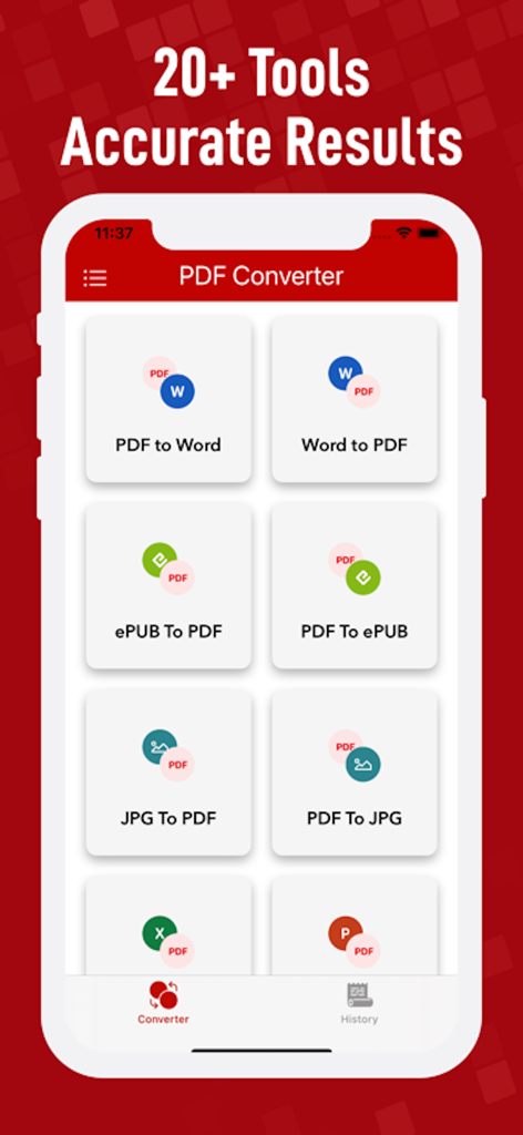 PDF Converter -‎‎ Pdf to Word - The PDF Converter app interface showing various conversion tools including PDF to Word and JPG to PDF