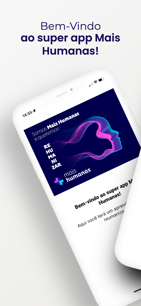 Écran d'accueil de l'application de développement professionnel Mais Humanas avec un graphique de profil de tête lumineux