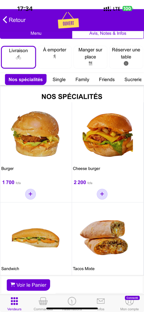 Direct GO - Direct GO 모바일 앱 화면에 햄버거 및 샌드위치와 같은 음식 메뉴 항목과 배달 및 테이크아웃 옵션이 표시됩니다.