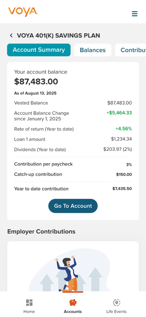 Mobile screen of Voya app showing 401k account balance and contribution details
