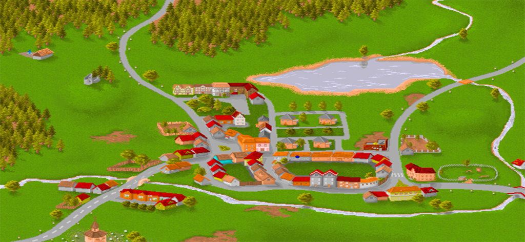 Polda - Retro isometric map of the town Lupany in the Polda adventure game