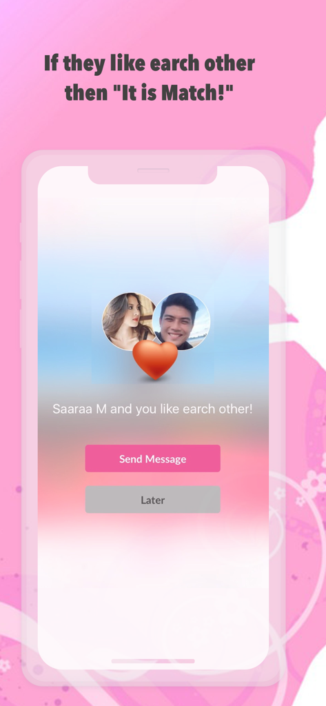 Ok Dating App: Connect & Chat - Mobile screen of Ok Dating App showing a match notification between two users with a pink send message button.