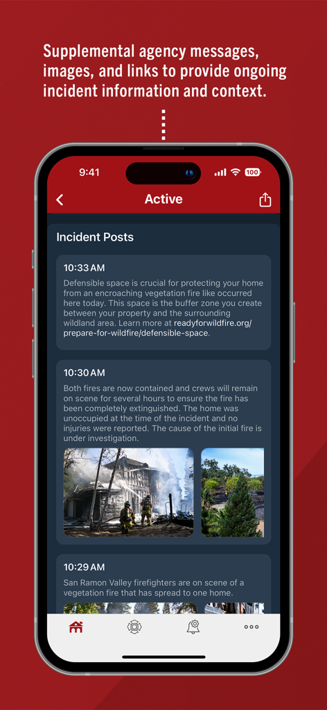 PulsePoint Respond app screen showing live incident updates and fire department posts with images