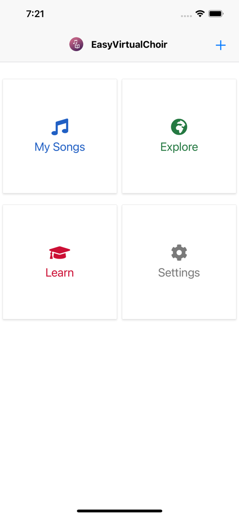 EasyVirtualChoir app main menu with My Songs, Explore, Learn, and Settings tiles.