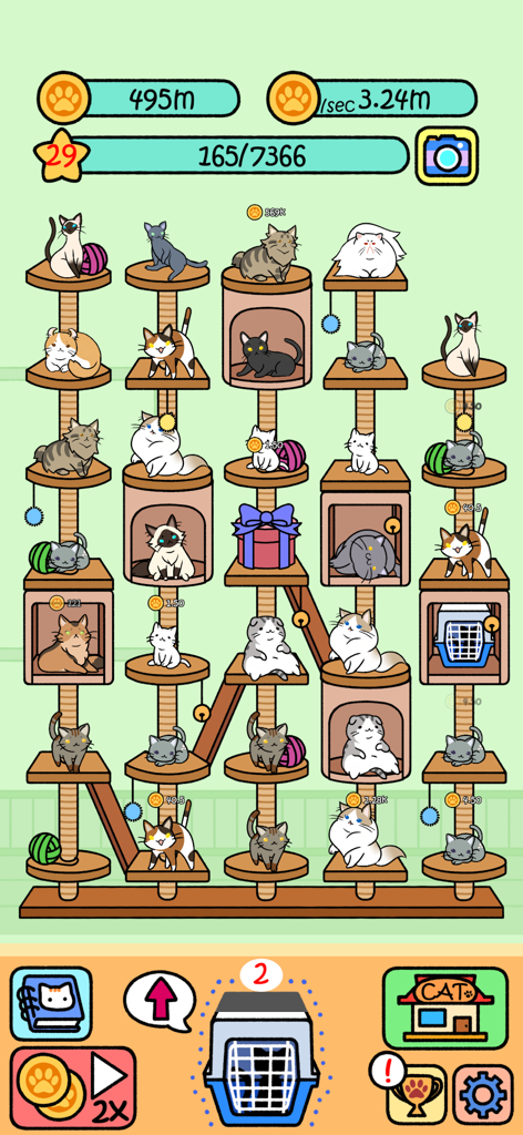 Cat Condo - Gameplay-Screenshot von Cat Condo, der verschiedene süße Katzen auf einem großen hölzernen Katzenbaum mit Münzen und Fortschrittsbalken zeigt.