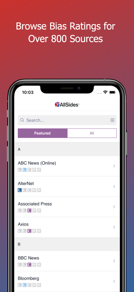 AllSides - Balanced News - A mobile screen from the AllSides app displaying a searchable list of news sources with their political bias ratings