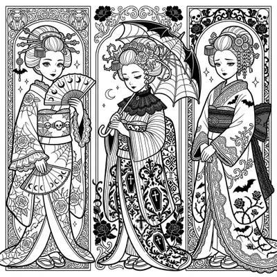 Dive into a world where traditional Japanese maiko elegance meets captivating gothic allure. This unique coloring page offers intricate designs perfect for adults and teens.