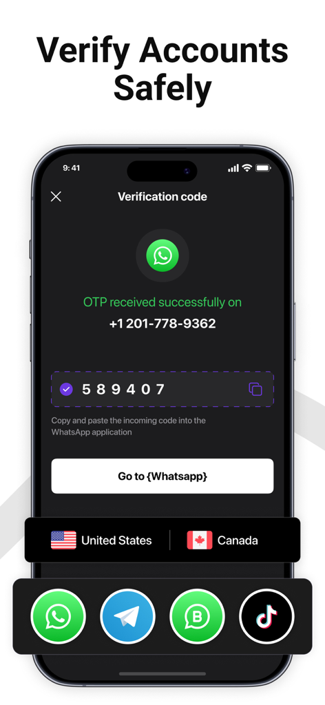 Interfaz de la aplicación TalkSafe que muestra un código de verificación de WhatsApp recibido en un número de teléfono secundario de EE. UU.