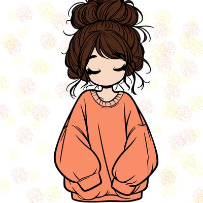 girl with baggy sweatshirt and messy bun