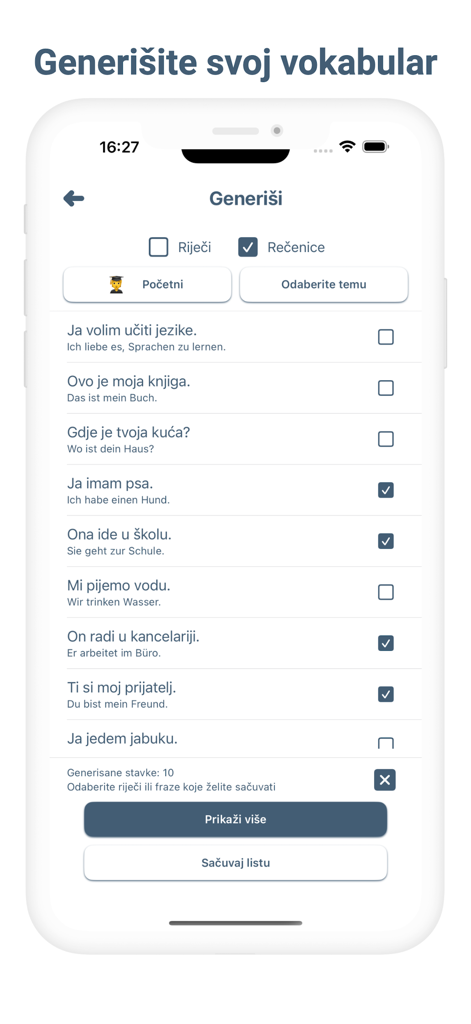Naučite Bosanski Njemački - Interfaz de aplicación móvil que muestra una lista de frases traducidas de bosnio a alemán para practicar el idioma.
