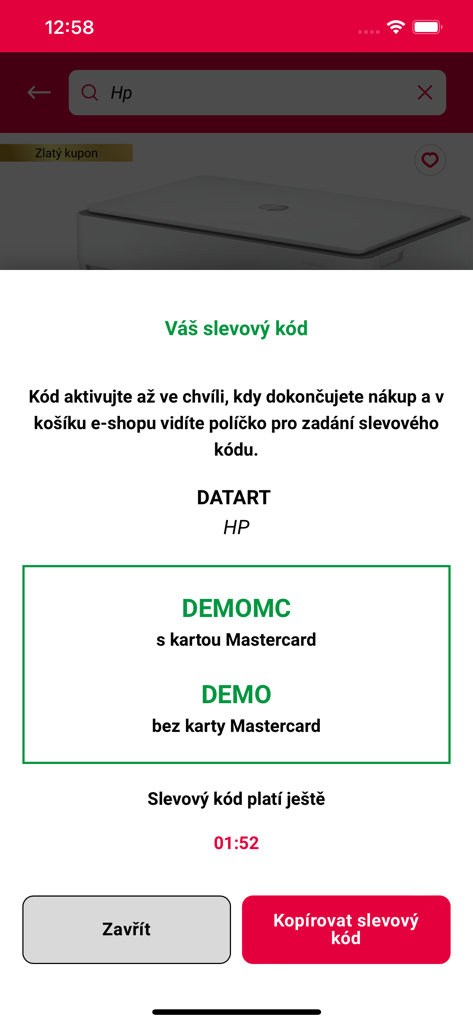 Discount code screen in the Dny Marianne app showing a countdown timer and copy button.