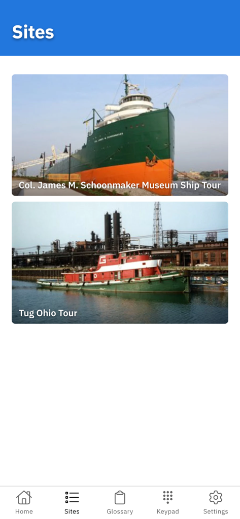 App-Oberfläche mit den Touren für das Museumsschiff Col. James M. Schoonmaker und das Schleppschiff Ohio.