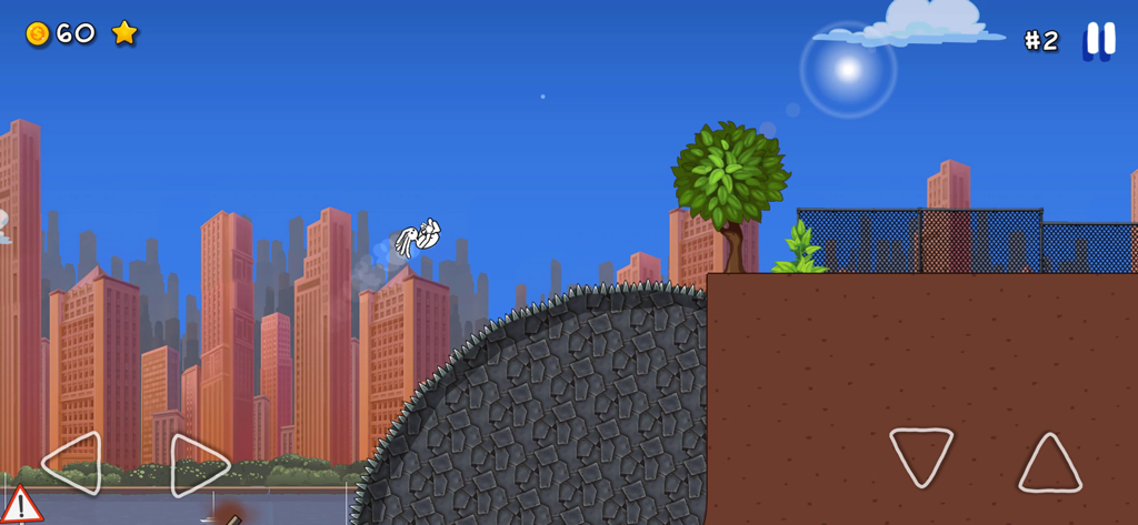 Character performing a parkour flip over spikes with a city skyline background