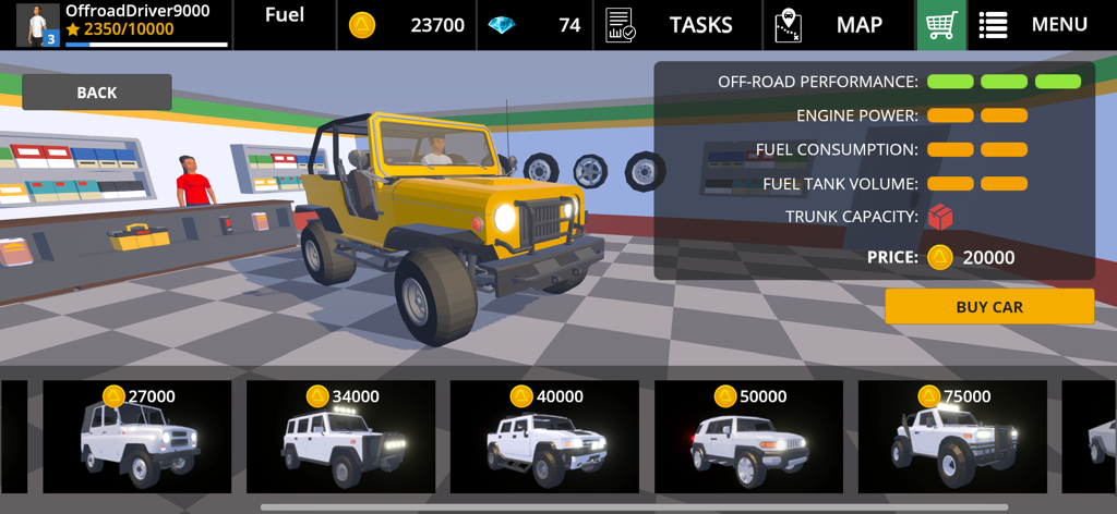 Un vehículo 4x4 amarillo en el menú del garaje del juego mostrando especificaciones técnicas y precio de compra