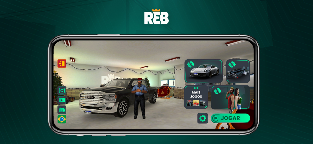 Rebaixados Elite Brasil - Pantalla del menú principal del juego Rebaixados Elite Brasil con una camioneta negra y un personaje personalizable en un garaje.