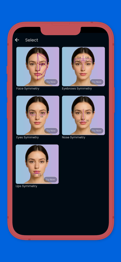 Ein Auswahlbildschirm in der Face Shape Analyzer App, der verschiedene Symmetrieanalysemodule für Gesicht, Augenbrauen, Augen, Nase und Lippen anzeigt.